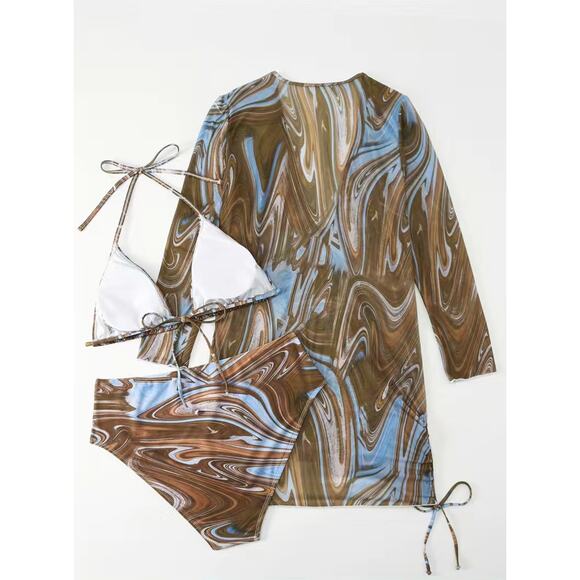 BlueTan Marble Three-Piece High Waisted Bikini Set Size 1XL - Picture 7 of 7